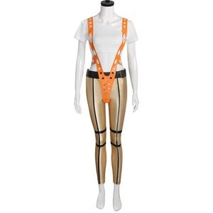 5th Fifth Element Leeloo Costume: crop top, gold leggings, orange harness, belt